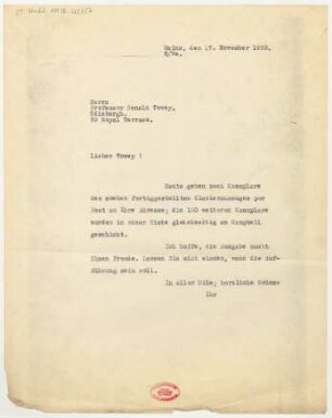 Brief an Donald Francis Tovey : 17.11.1928