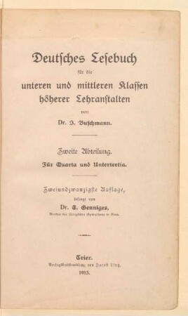 Abteilung 2, [Schülerband]: Für Quarta und Untertertia