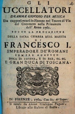 Gli Uccellatori : Dramma giocoso per musica