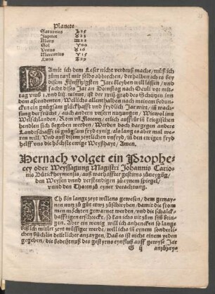 Hernach volget ein Prophecey oder Weyssagung Magistri Johannis Carionis Bütickheymensis/ auß warhaffter gestirns zuneygung ...