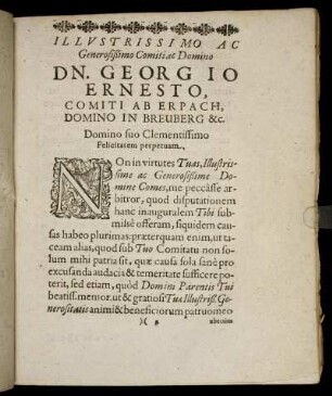 Illustrissimo Ac Generosißimo Comitiæ Domino Dn. Georgio Ernesto, Comiti Ab Erpach, Domino In Breuberg [...]