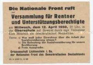 Handzettel der Nationalen Front mit dem Aufruf zu einer Rentnerversammlung