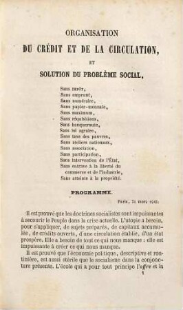 Organisation du crédit et de la circulation, et solution du problème social, Sans impôt ...