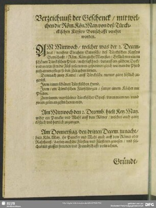 Verzeichnuß de Geschenck, mit welchen die Röm. Kön. May. von deß Türckischen Keysers Bottschafft verehrt worden