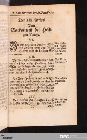 Der XIII. Articul. Vom Sacrament der Heiligen Tauffe.