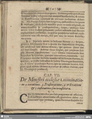 Cap. VII. De Ministri ecclesiae 1. nominatione 2. vocatione. 3. Praesentatione, 4. ordinatione & 5. institutione seu investitura