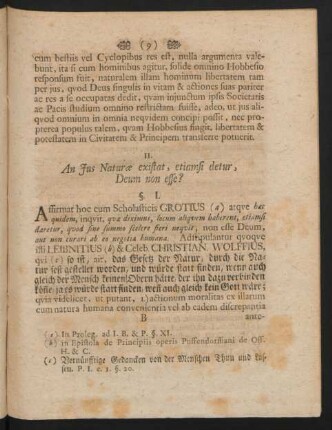 II. An Jus Naturae existat, etiamsi detur, Deum non esse?