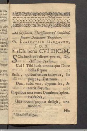 Ad Nobilem, Clarissimum & Consultissimum Dominum Præsidem...