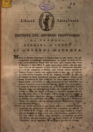 Protesta del governo provvisorio di Venezia spedita a tutti li governi d'Europa