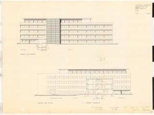 Mädchenberufsschule, Duisburg: Westansicht, Ostansicht mit Schnitt 1:100 (Zeichnung des Architekten)