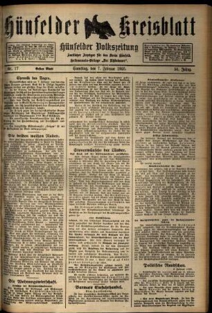 Erste Ausgabe vom Samstag, den 07. Februar 1925.