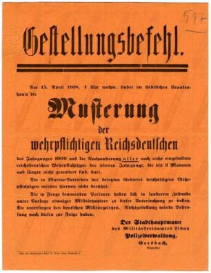 "Gestellungsbefehl" zur Musterung der wehrpflichtigen Reichsdeutschen des Jahrgangs 1900