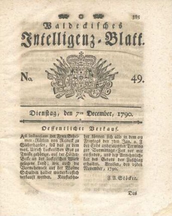 No. 49, Dienstag, den 7ten December, 1790