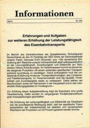 Parteiinformation der SED zu Fragen des Eisenbahntransports