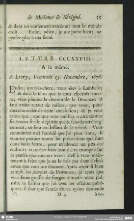 Lettre CCCXXVIII. A la même. A Livry, Vendredi 13. Novembre, 1676