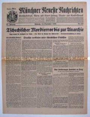 Tageszeitung "Münchner Neueste Nachrichten" zur Lage im Sudetenland vor dem Münchner Abkommen