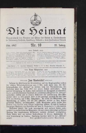 Oktober 1917, 27. Jahrgang, Nr. 10 : Monatsschrift des Vereins zur Pflege der natur- und Landeskunde in Schleswig-Holstein, hamburg, Lübeck und dem Fürstentum Lübeck.