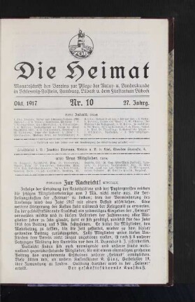 Oktober 1917, 27. Jahrgang, Nr. 10 : Monatsschrift des Vereins zur Pflege der natur- und Landeskunde in Schleswig-Holstein, hamburg, Lübeck und dem Fürstentum Lübeck.