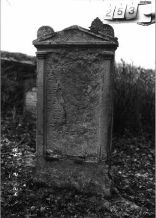 Grabstein 253 (Index: 99752173) Material: Sandstein Zustand: abgeblätt. mit fast völligem Textverlust Maße HxBxT: 128x59x15 cm Beschreibung: ädikulaart. Stele m. Pilastern, Giebel mit stilisiert. Eckakrot. , Schriftfeld eingeti Symbolik: Sternchen, Rundbogenfries: Grabstein 253