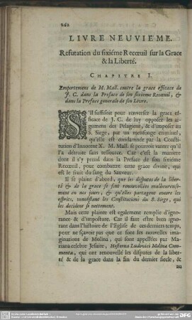 Livre Neuviéme. Refutation du fixiéme Recoeuil sur la Grace & la Liberté