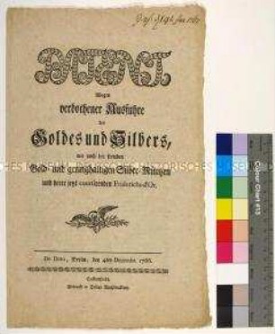 Edikt von Friedrich II. König in Preußen gegen die Ausfuhr von Gold und Silber
