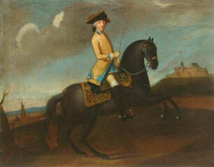 Prinz Friedrich Josias von Sachsen-Coburg-Saalfeld (1737-1815) zu Pferd, im Hintergrund die Veste Coburg