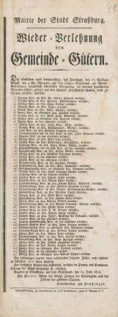 Wieder-Verlehnung von Gemeinde-Gütern : gegeben zu Straßburg, auf dem Stadthause, den 30. July 1816