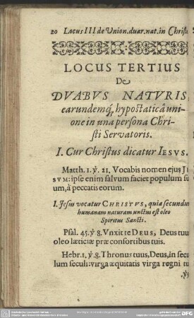 Locus Tertius De Duabus Naturis earundemque hypostaticâ unione in una persona Christi Servatoris