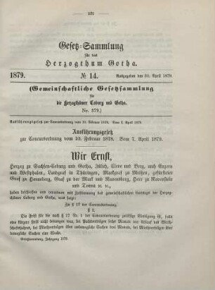 14. Ausführungsgesetz zur Konkursordnung vom 10. Februar 1877. Vom 7. April 1879