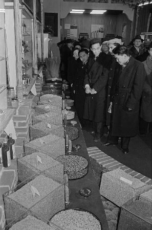 Messebesucher in der Ausstellungshalle Bulgariens vor einer Präsentation unterschiedlicher Getreide