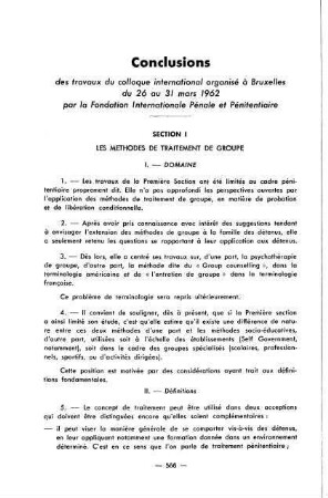 566-573, Conclusions des travaux du colloque international organisé à Bruxelles du 26 au 31 mars 1962 par la Fondation Internationale Pénale et Pénitentiare