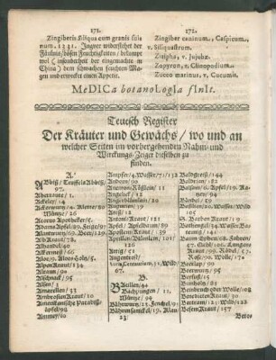 Teutsch Register Der Kräuter und Gewächs/ wo und an welcher Seiten im vorhergehenden Nahm- und Wirckungs-Zeiger dieselben zu finden.