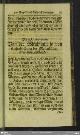 Die 4. Observation Von der Bleichsucht so von Aussenbleibung der Monatlichen Reinigung entstanden