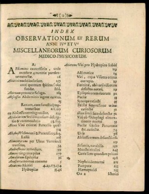 Index Observationum Et Rerum Anni IVti Et Vti Miscellaneorum Curiosorum Medico-Physicorum.