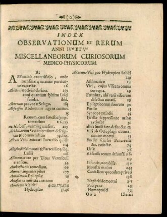 Index Observationum Et Rerum Anni IVti Et Vti Miscellaneorum Curiosorum Medico-Physicorum.