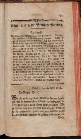 Achte und letzte Berichtserstattung.