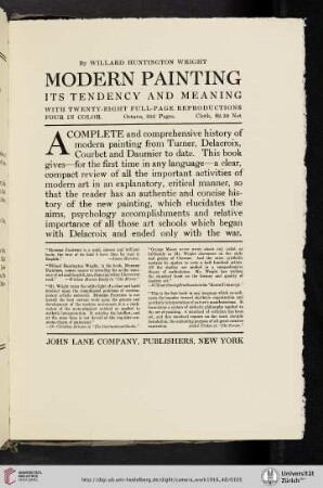 John Lane Company [Modern Painting by Willard Huntington Wright, book announcement]