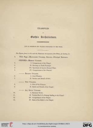 Examples of Gothic architecture. List of subjects and plates contained in the work