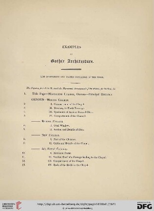 Examples of Gothic architecture. List of subjects and plates contained in the work