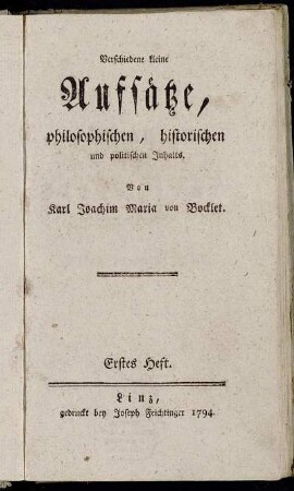 Verschiedene kleine Aufsätze, philosophischen, historischen und politischen Inhalts