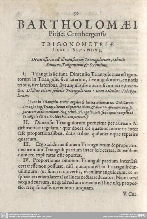 Liber Secundus. De nessariis dimensionem Triangulorum, tabulis Sinuum, Tangentium et Secantium.