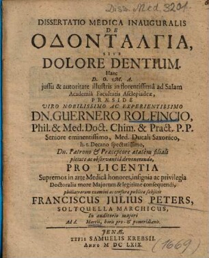 Dissertatio Medica Inauguralis De Odontalgia, Sive Dolore Dentium