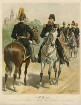 6 Offiziere Brigadegeneral, Generalstabs- und Linienoffiziere in Uniform mit Zierhelm zu Pferd, im Hintergrund schlossähnliches Anwesen, Bild 35, vorwiegend Brustbilder in Halbprofil