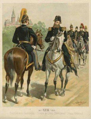 6 Offiziere Brigadegeneral, Generalstabs- und Linienoffiziere in Uniform mit Zierhelm zu Pferd, im Hintergrund schlossähnliches Anwesen, Bild 35, vorwiegend Brustbilder in Halbprofil