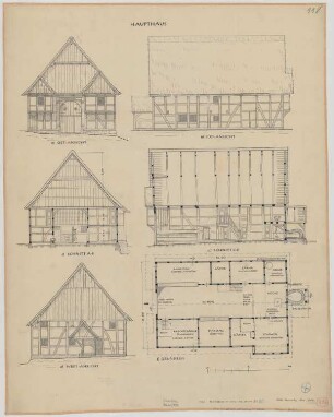 Alme (Kreis Brilon): Haus Kemmerling. Haupthaus (Grundriss, Ostansicht, Südansicht, Westasicht, Schnitte)