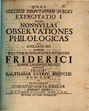 Collegii disputatorii publici exercitatio I. exhibens nonnullas observationes philologicas