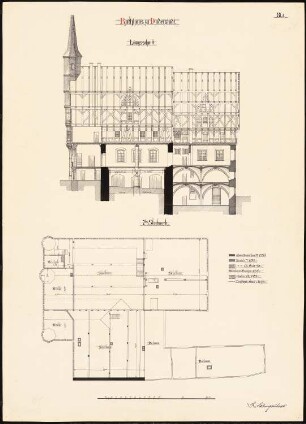 Rathaus, Duderstadt: Grundriss 2. Obergeschoss, Längsschnitt (Bauteile ab 1220) 1:100