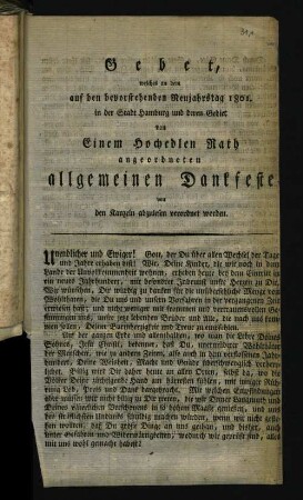 Gebet, welches an dem auf den bevorstehenden Neujahrstag 1801 in der Stadt Hamburg und deren Gebiet von E. H. R. angeordneten allgemeinen Dankfeste an den Kanzeln abzulesen verordnet worden