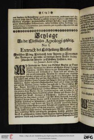 Beylage zu der Fürstlichen Apologi gehörig