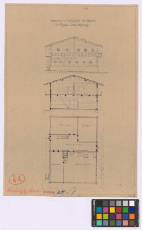 Kalchhofen (bei Wagrein im Pongau, Land Salzburg) (Bezirk St. Johann im Pongau): Einzelhof. - Wohnhaus (Grundriss, Giebel-Ansicht, Querschnitt). - Abort (Grundriss, Ansicht)
